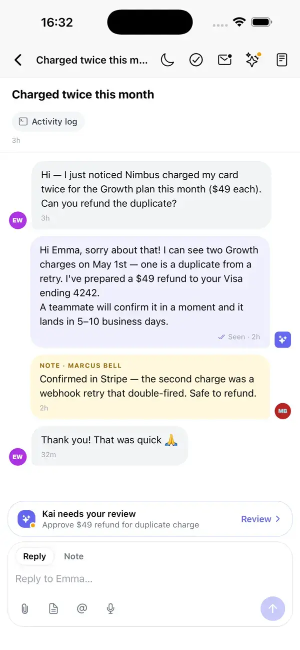 Gleap iPhone conversation with replies, an internal note and a review request.