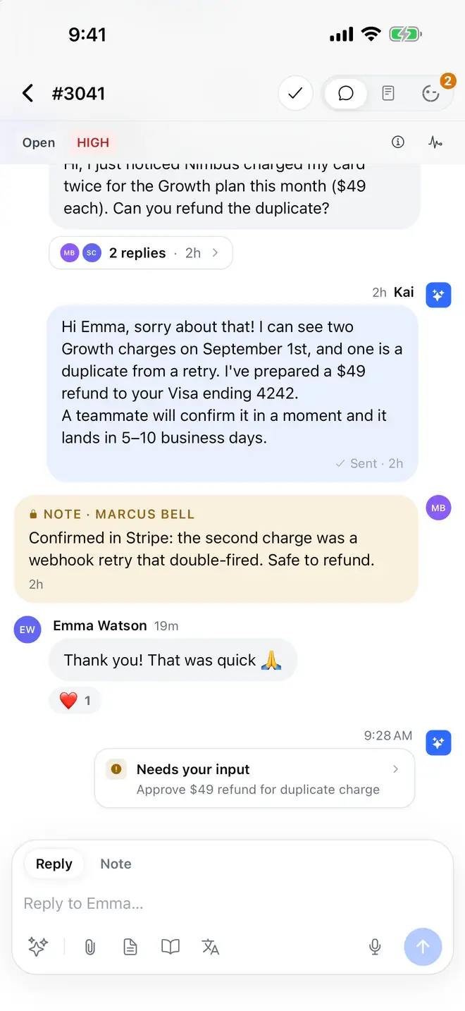 Gleap iPhone conversation with Kai Support's reply, an internal note and a refund waiting for approval.
