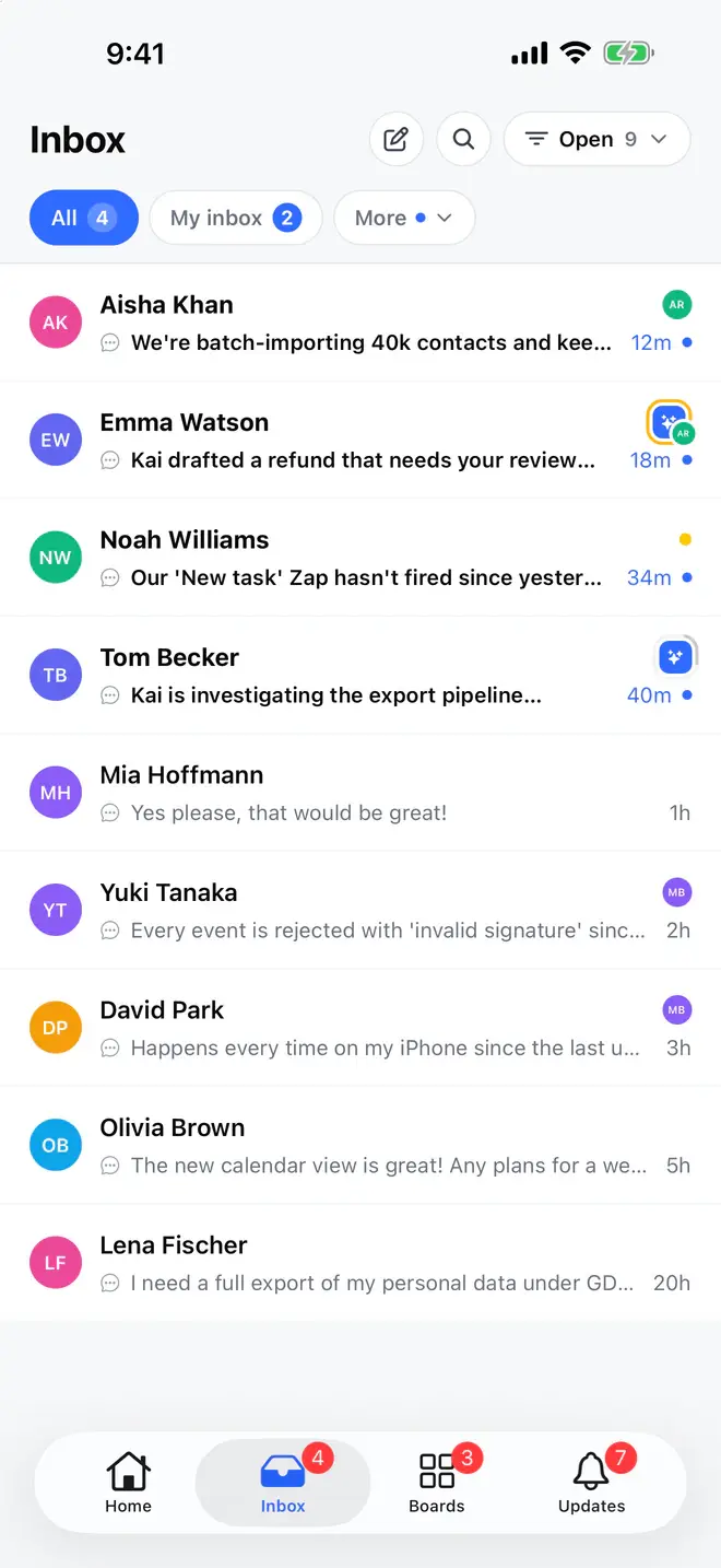 Gleap iPhone inbox with conversation filters and customer messages.