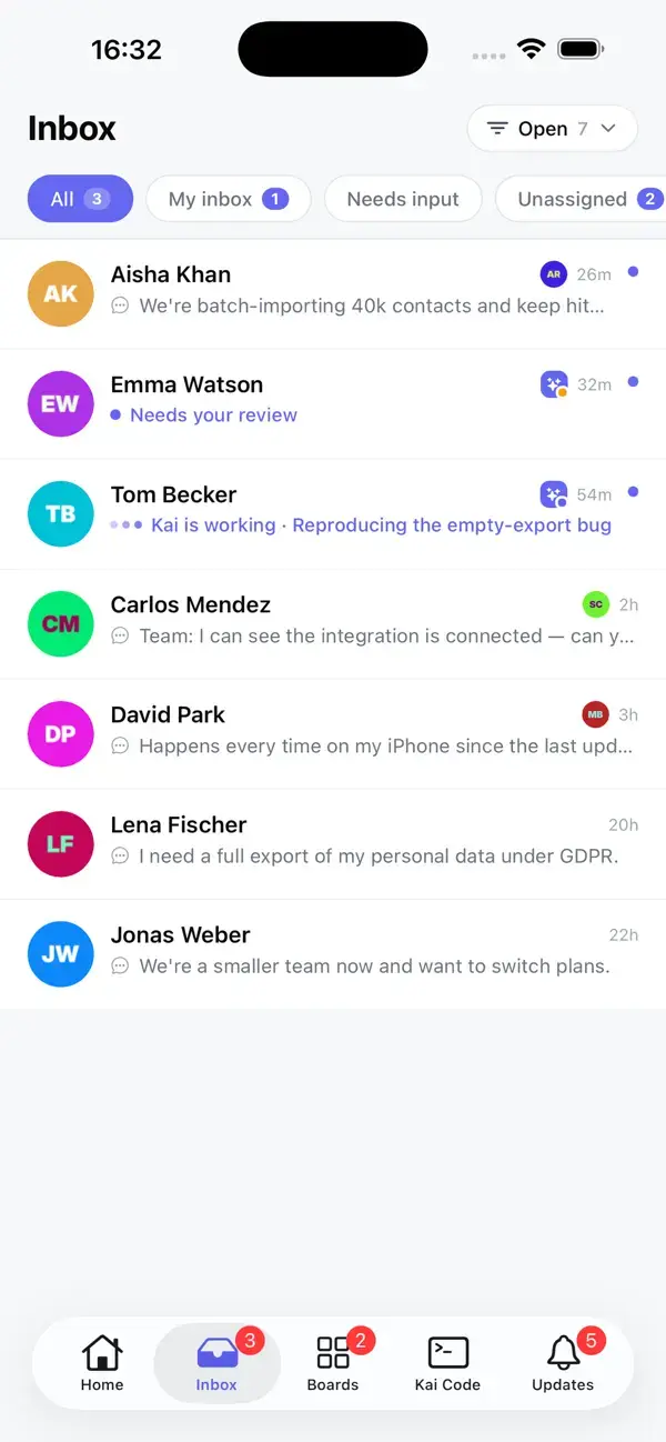 Gleap iPhone inbox with conversation filters and customer messages.