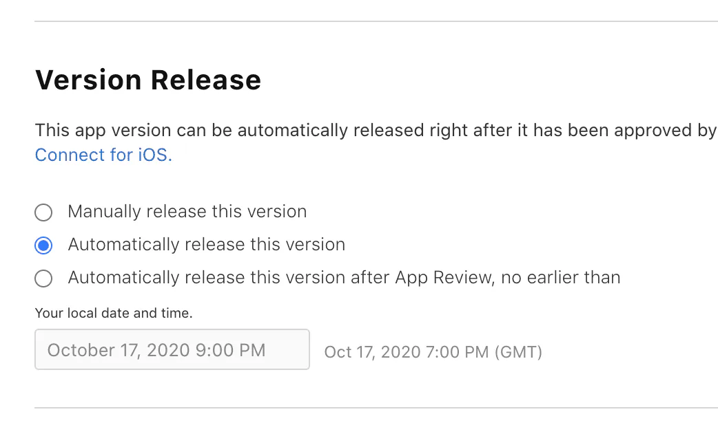 App Store Connect version release screen
