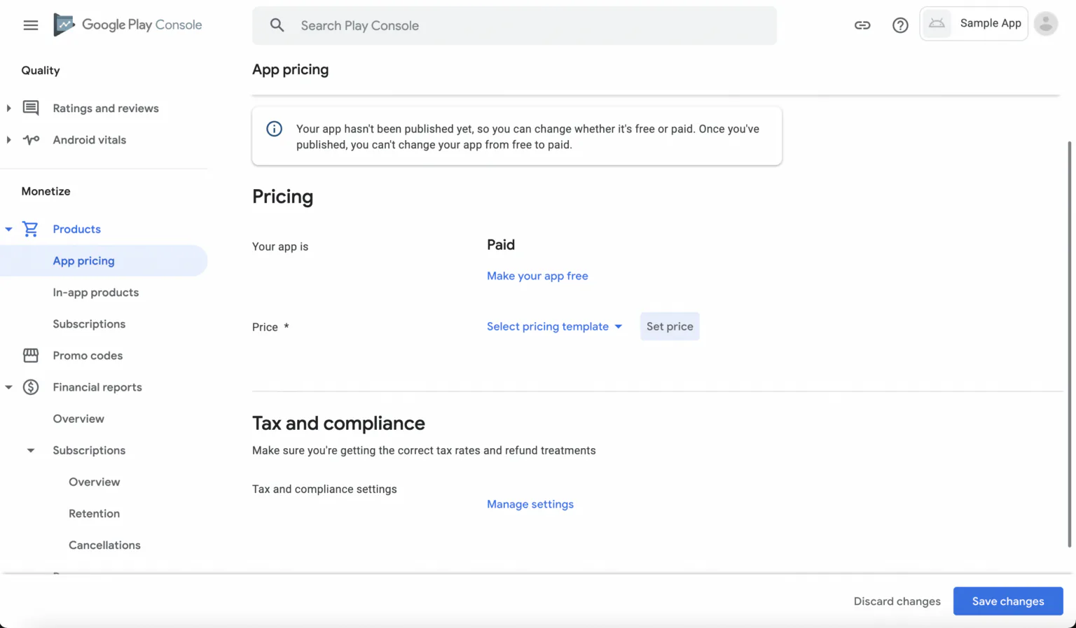 App pricing screen in Google Play Console
