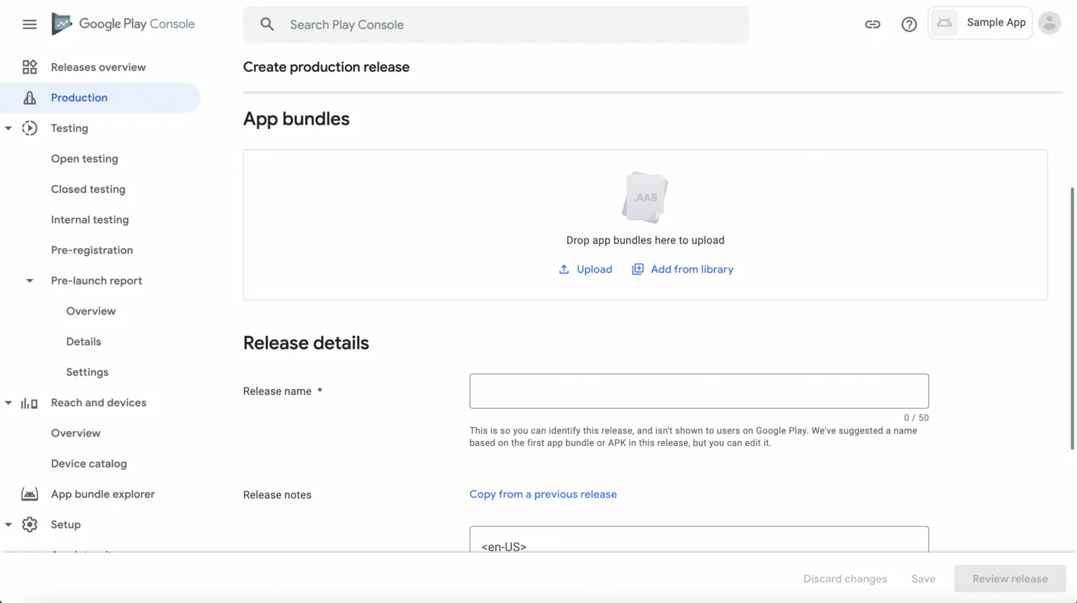 App bundle release screen in Google Play Console