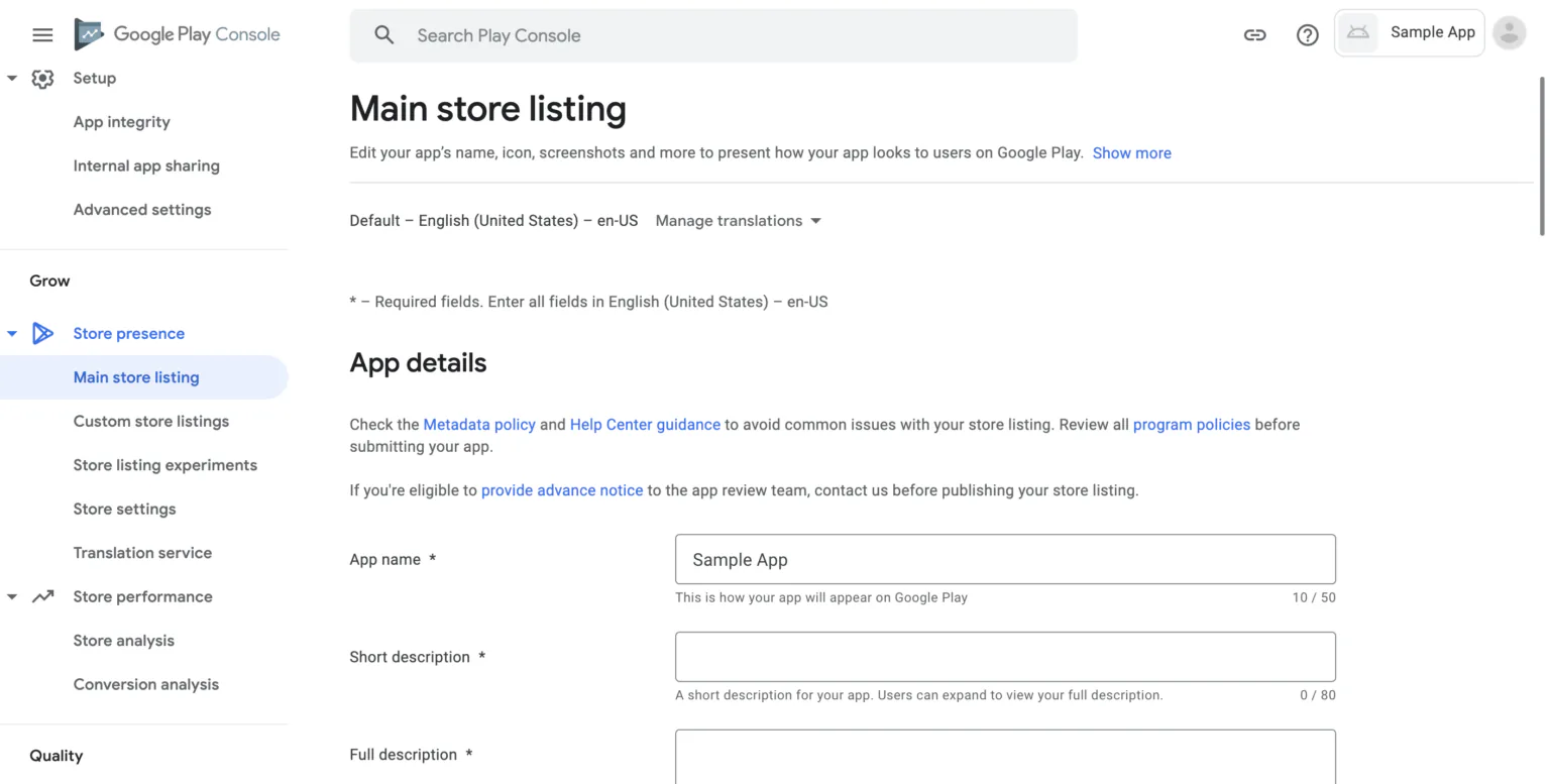 Main store listing screen in Google Play Console
