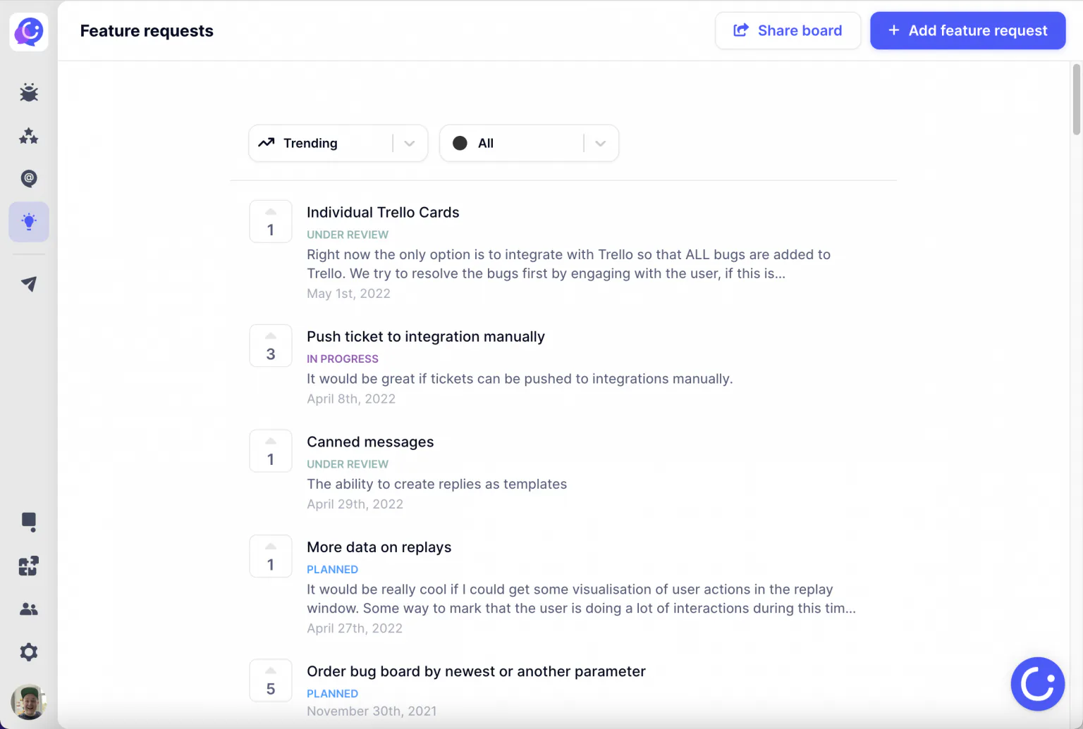 Feature request board showing customer ideas and roadmap feedback