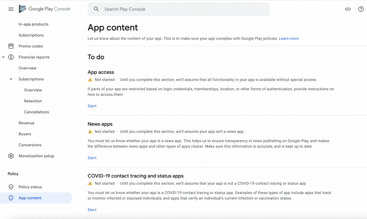 App content screen in Google Play Console
