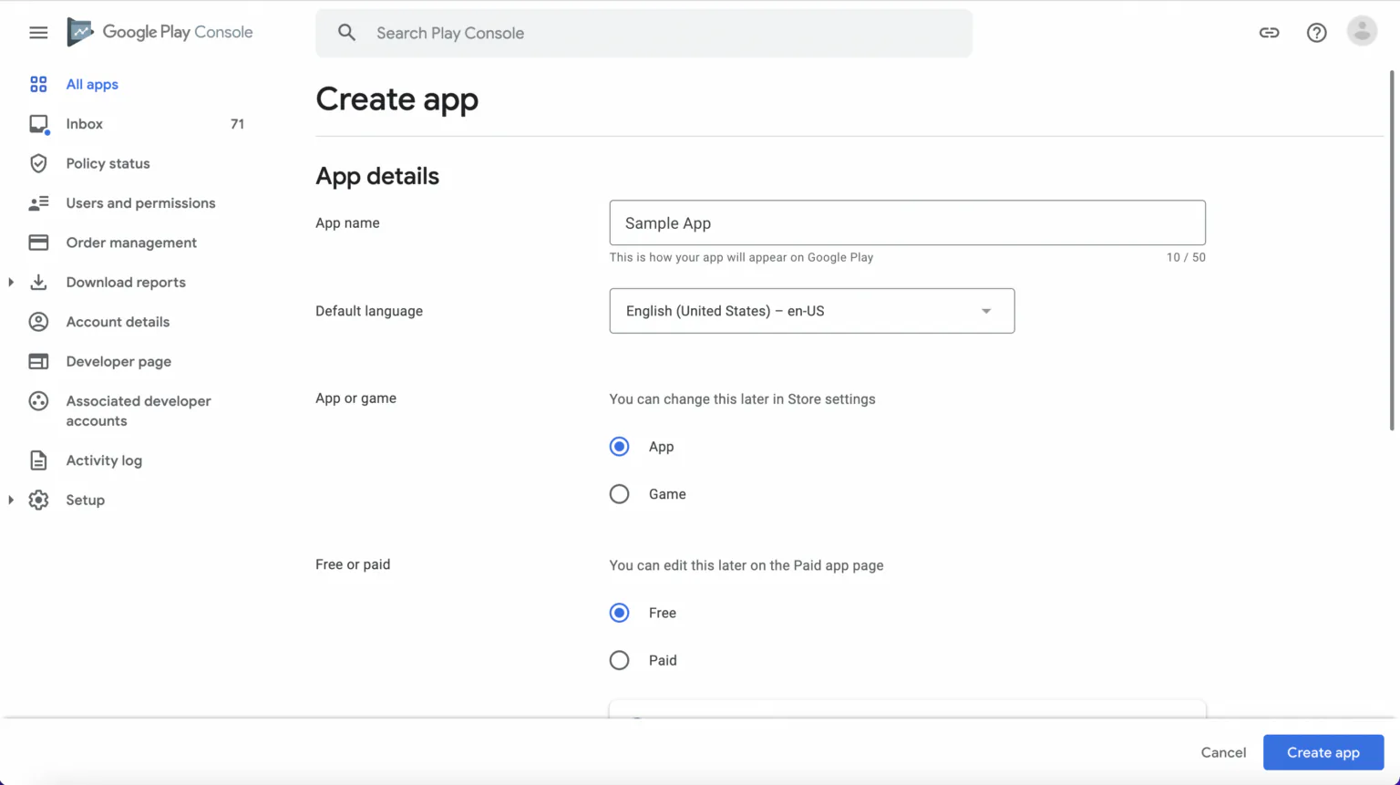 Create app screen in Google Play Console